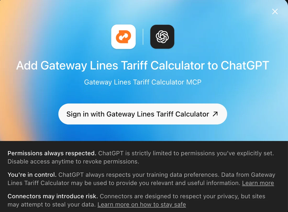 ChatGPT's add-connector dialog reading Add Gateway Lines Tariff Calculator to ChatGPT, with a Sign in with Gateway Lines Tariff Calculator button