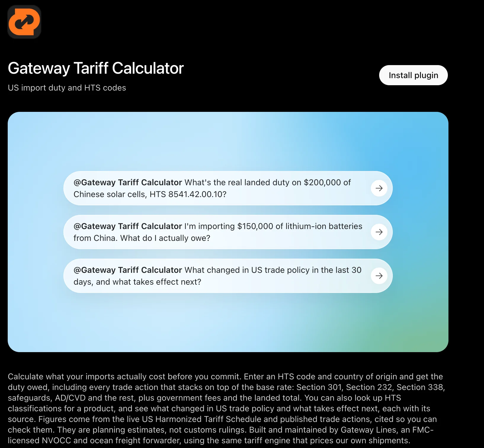 The Gateway Tariff Calculator listing in the ChatGPT app directory, showing an Install plugin button and three example prompts about landed duty on Chinese solar cells, lithium-ion batteries and recent US trade policy changes