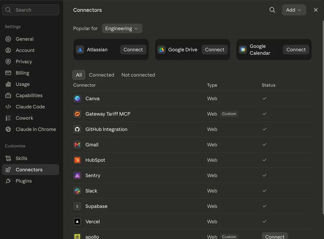 Gateway Tariff MCP listed as a connected custom connector in Claude's settings
