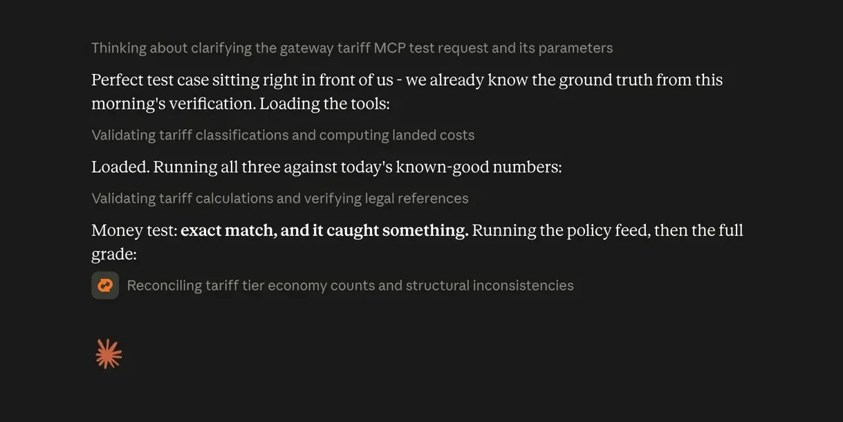 A Claude conversation calling the Gateway Tariff Calculator tools and checking the returned duty figures